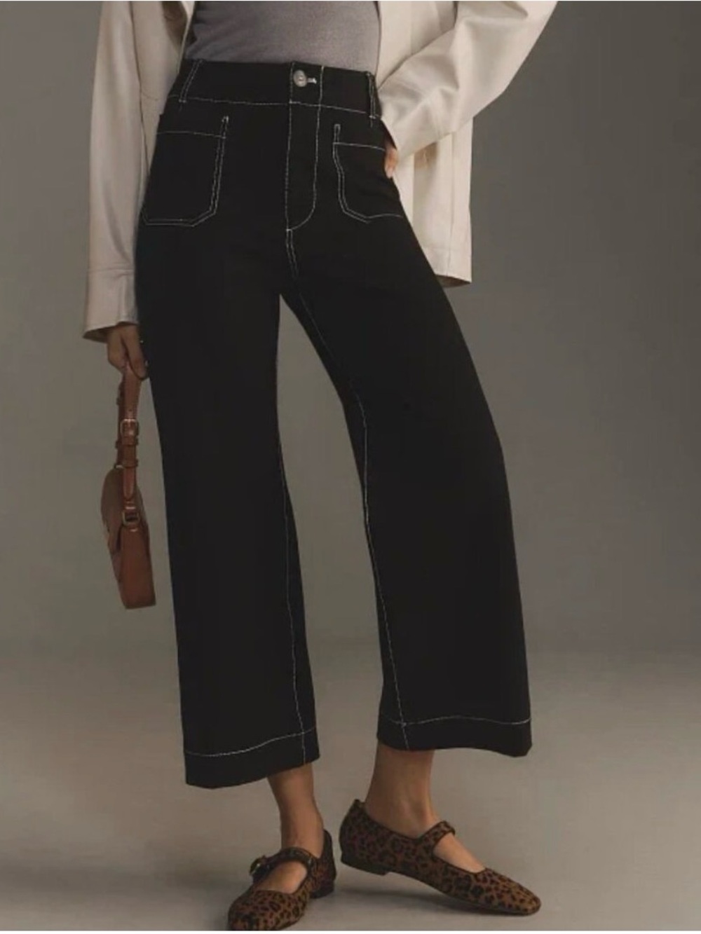Maeve Black Cropped Wide-Leg pants with Contrast Stitching
